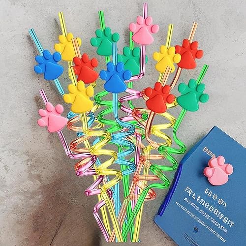 25 pajitas de patas, suministros de fiesta de cumpleaños con estampado de patas, pajitas para mascotas, perros, cachorros, amigos, gatos,