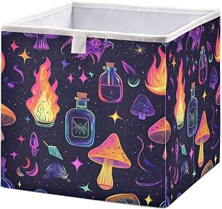 Blueangle Colorful Mushrooms Skulls Cube Storage Bin, 11 x 11 x 11 in, Large Collapsible Organizer Storage Basket for Home Décor（209）