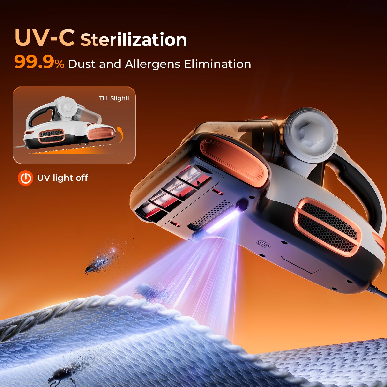 JIGOO T600 Aspiratore per materassi con luce UV e vibrazione, 700W 15kpa aspirapolvere antiacari, rimuove il 99,9%, indicatore LED, 60 ℃ 5s, riscaldamento rapido, 72 dB Design silenzioso