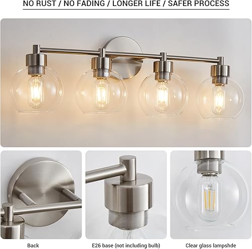 Miniatura 4 de Lámparas de baño, 4 luces de tocador de baño, acabado redondo de níquel cepillado, luces de tocador de baño con pantallas de vidrio transparente de