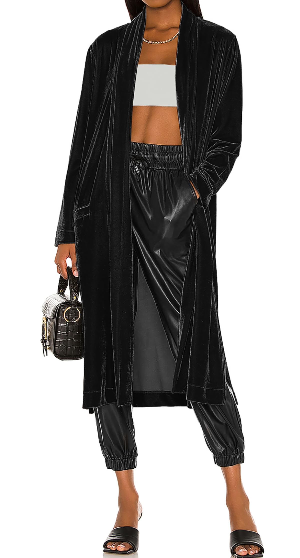 R Vivimos Womens Long Cardigans Fall Velvet Long Sleeve Open Front Side Slit Loose Casual Jackets Duster Coat