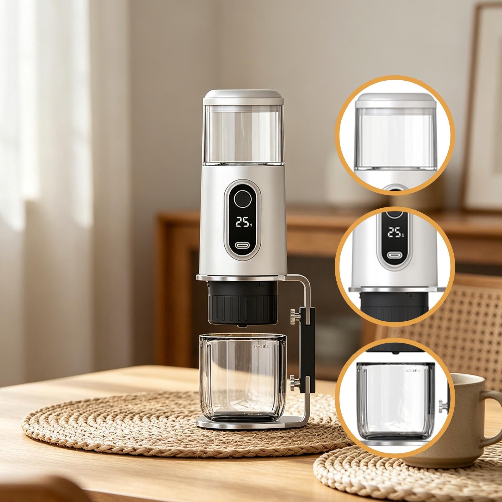 Cafetera Espresso Eléctrica Portátil, Mini Cafetera Compacta, Recargable E Inalámbrica, Ideal para Viajes, con Bomba de 19 Apta para Camping, O, Blanco, Individual