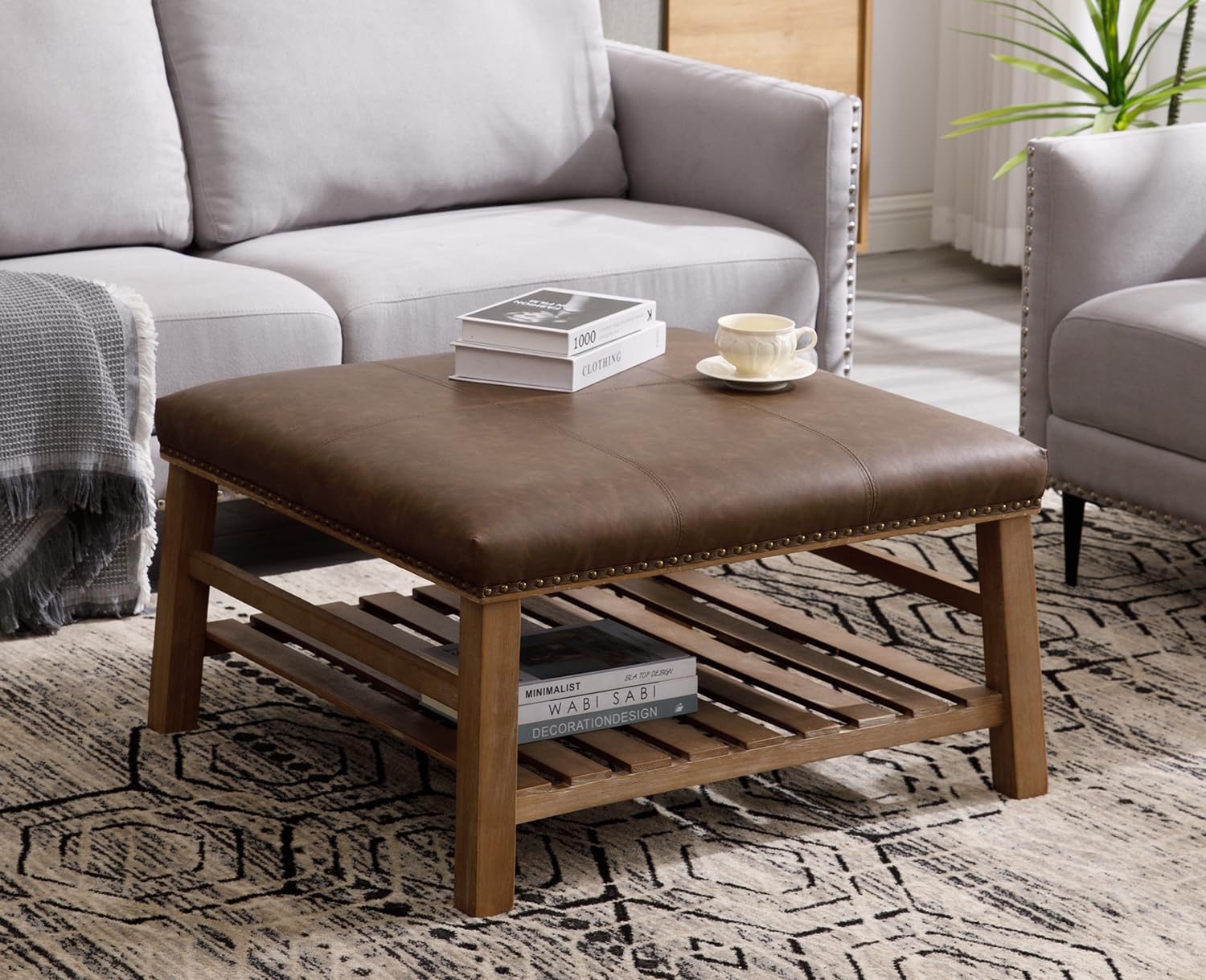 Kmax 32-Inch Dark Brown Faux Leather Coffee Table Large Square Ottoman Foot Rest Stool Upholstered Coffee Table with Wooden Shelf Storage for Living