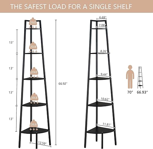 Miniatura 10 de Hoctieon Estantería esquinera de 5 niveles, estante de escalera de esquina rústica, estante de exhibición industrial para sala de estar, cocina,