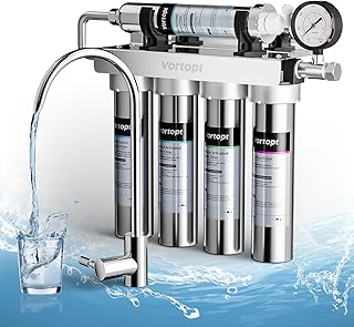 Vortopt Under Sink Water Filter - Stainless Steel Water Filter System, 0.01μm Filtration, 5-Stage Undersink Water Filtration, Reduces Baçtёria, Lead, Chlorine, Bad Taste & Odor, U1