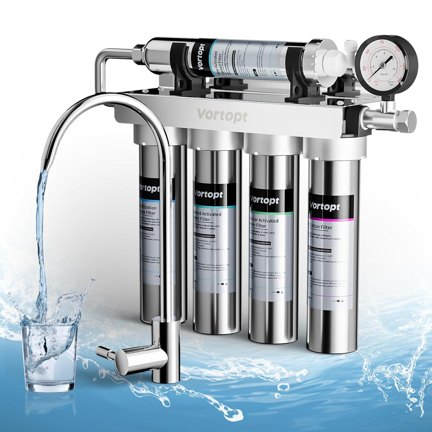 Vortopt Under Sink Water Filter Stainless Steel Water Filter System, 0.01μm Filtration, 5