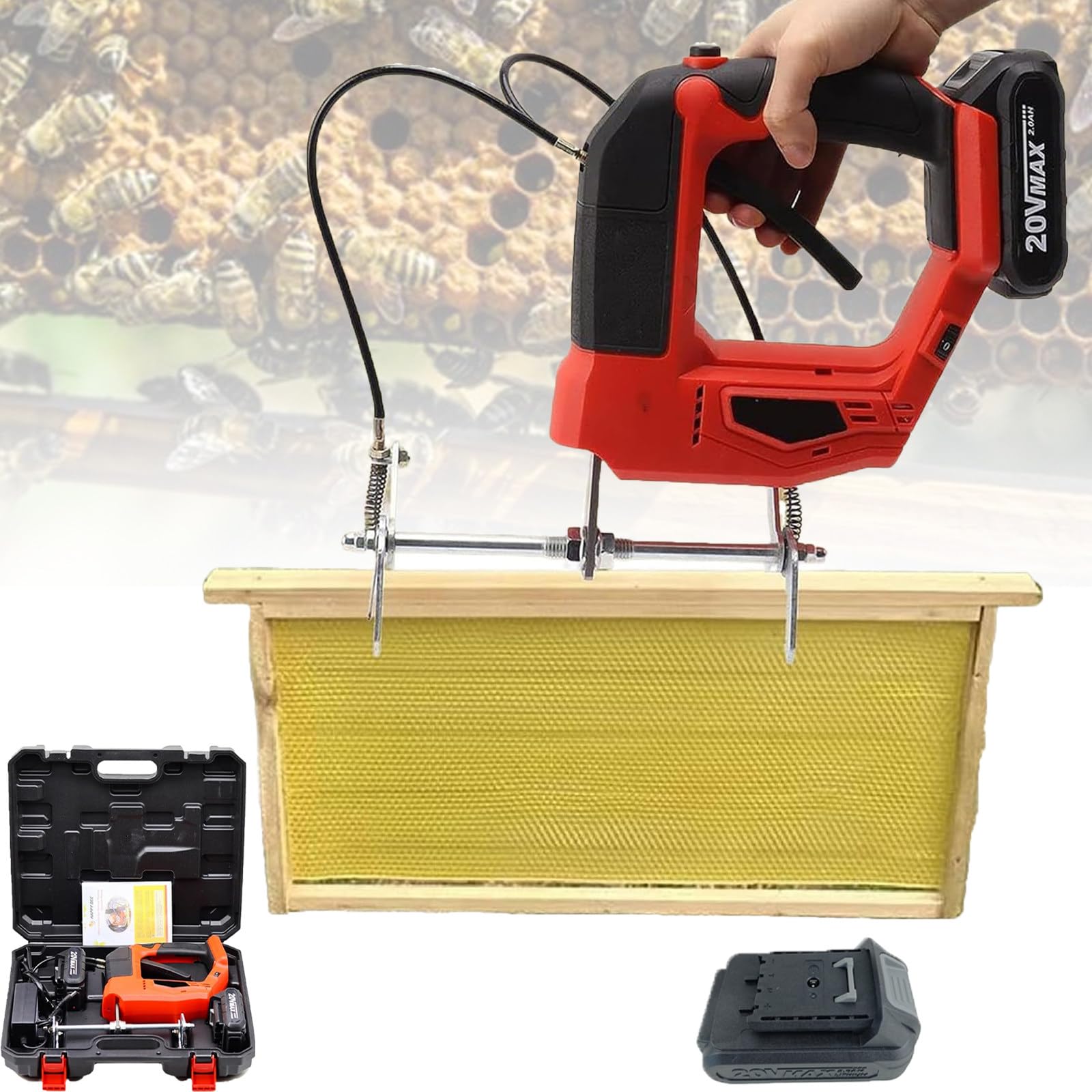 Atwynd Cordless Bee Frame Shaking Tool, Electric Beehive Frame Rechargeable Bee Remover with 2000mAh Lith Batteries for Beekeepers Farm, Beekeeping Wireless Bee Shaker Equipment Red-1battery