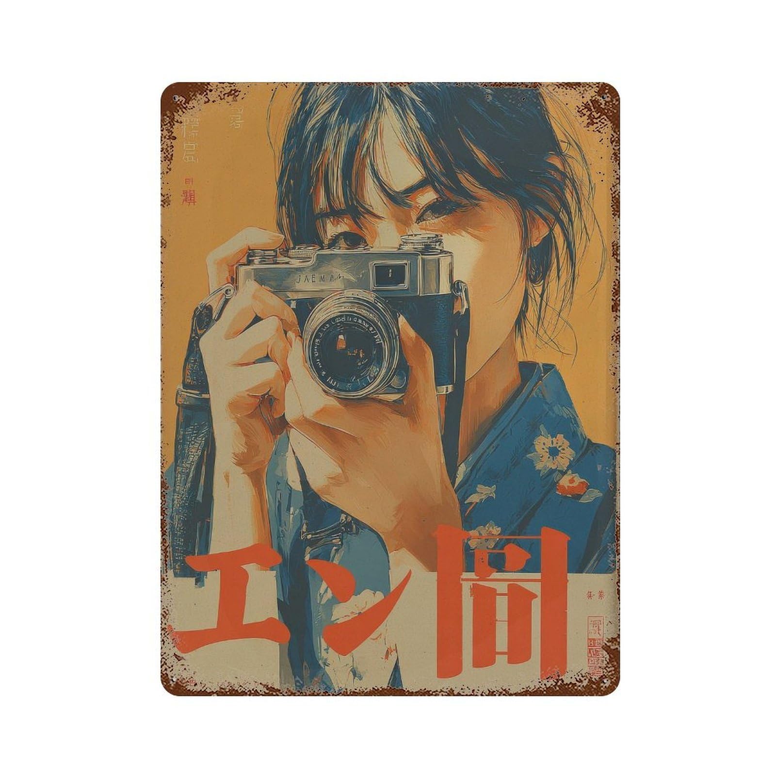 xiaoxiaoshen Woman Holding Camera. Japanese Retro Illustration Wall Decor Art Metal Tin Poster Modern Home Decor Art Home Bar Shop Decorations Vintage Sign 40x30cm