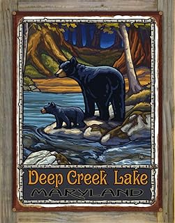 Northwest Art Mall Deep Creek Maryland Bears In Stream Rustic Metal Print on Reclaimed Barn Wood from Travel Artwork by Artist Paul A. Lanquist 17" x 23"