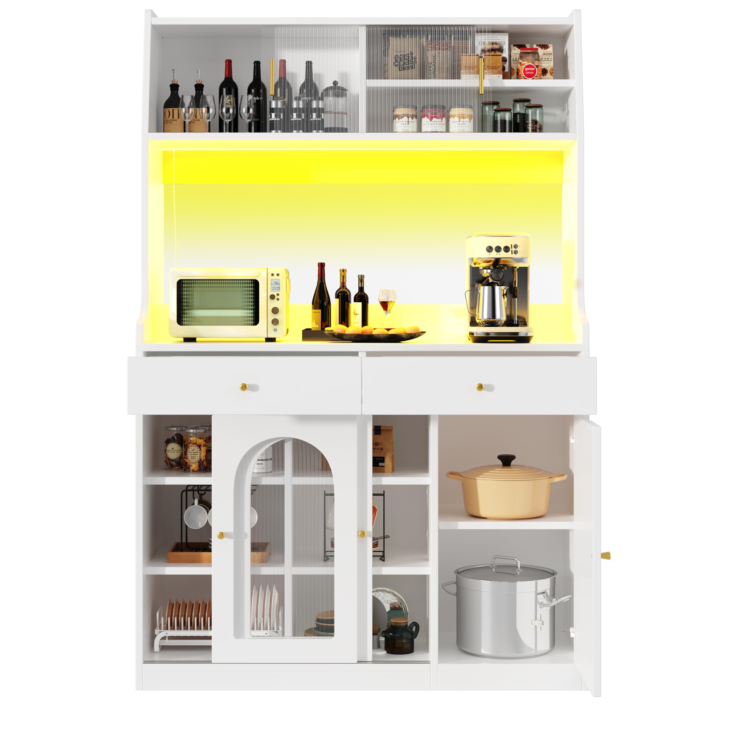 Buffet Haut Cuisine 180 cm Blanc Vaisselier Salle A Manger avec LED App Control Armoire à Portes Vitrées Meuble de Rangement Solide pour Micro-Onde et Vaisselle