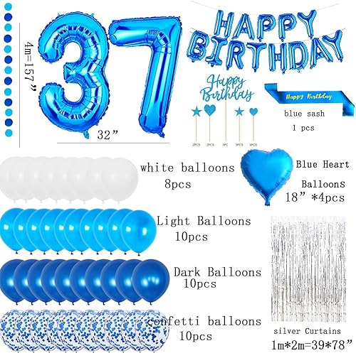 Miniatura 2 de Decoración de fiesta de cumpleaños número 37, globos azules de papel de aluminio con el número 37, cinta de feliz cumpleaños, decoración de pastel