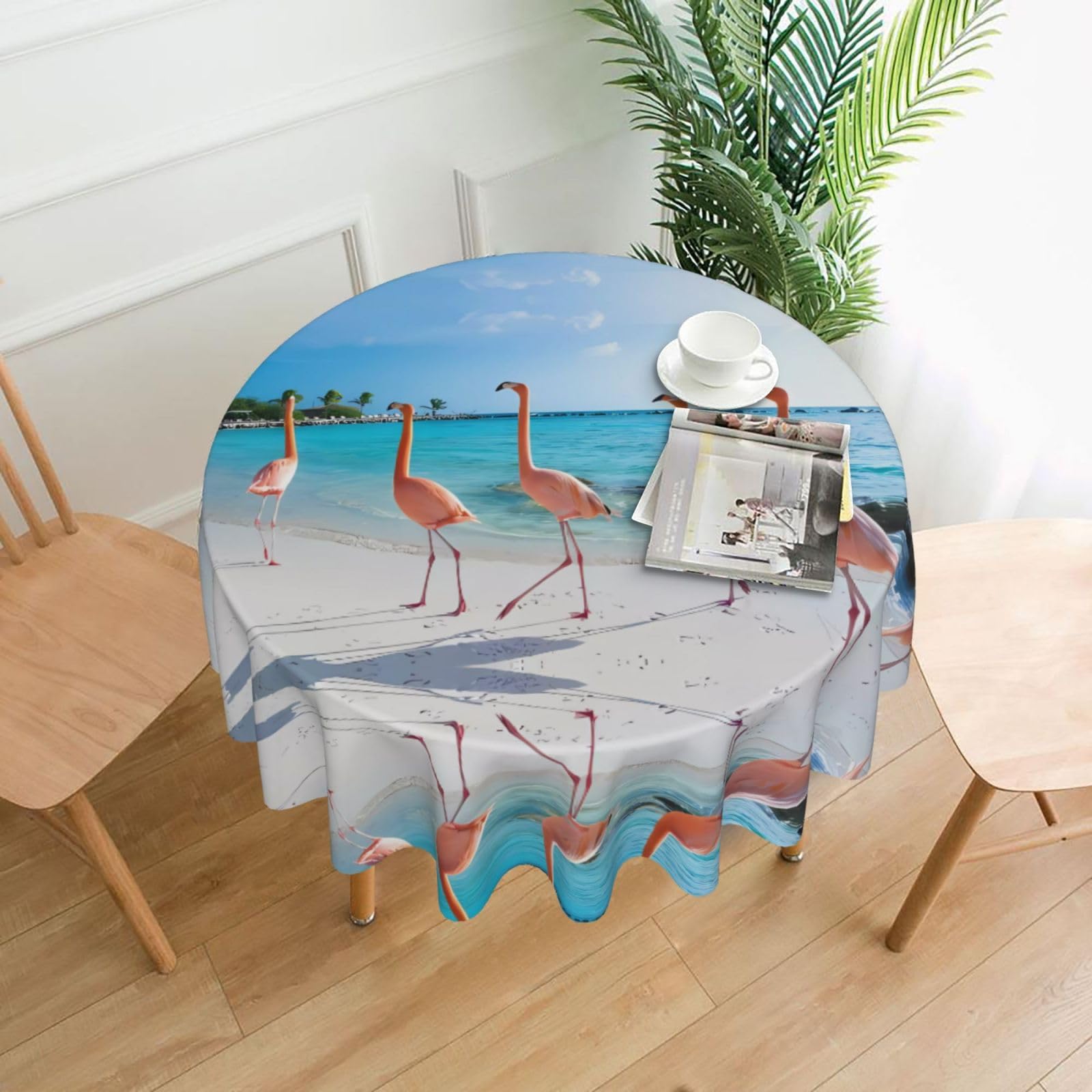HJFCZH Beach Flamingos Prints Round Decorative Tablecloth 60in - High-Grade Polyester Throw for Dinners, Weddings & Everyday Use