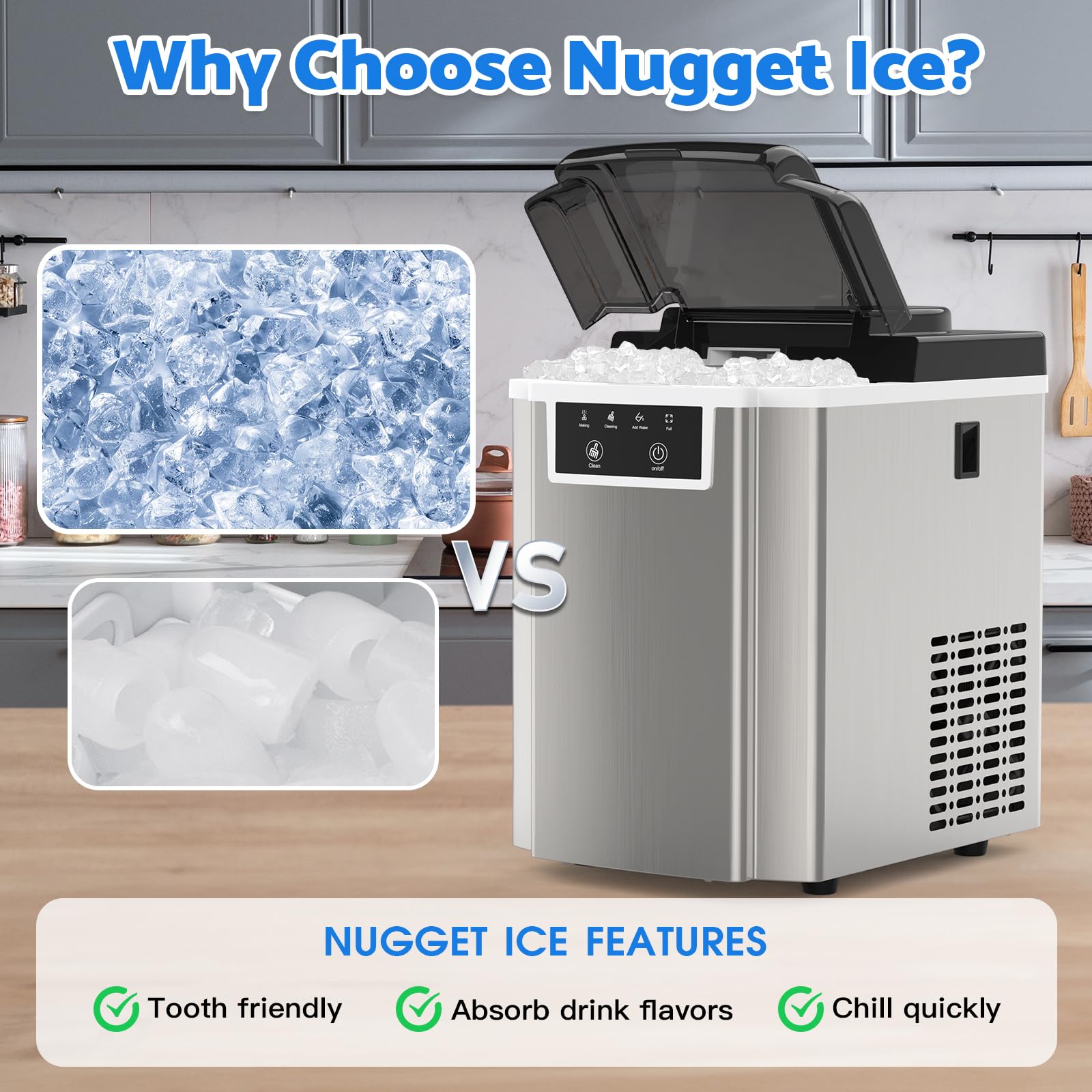 Countertop Ice Makers Machine With Basket And Scoop, 33lbs/24h Soft Chewable Pellet Ice, One-Click Operation, Nugget Ice Maker For Home, Kitchen, Camping, RV, Office And Party, Black on Fridge.com - View 3