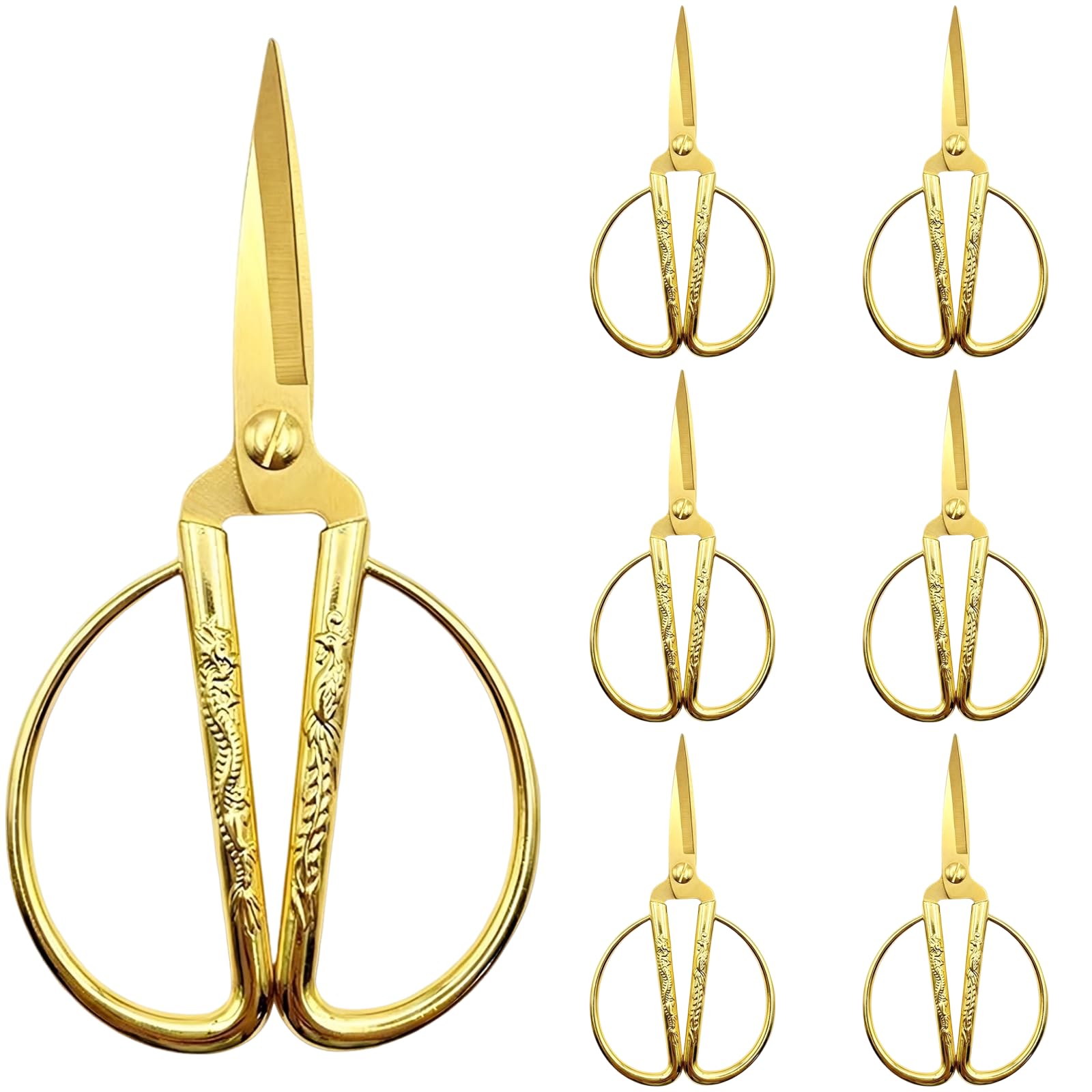 7 Stk. goldene Schneider-Scheren-Set, kleine Scheren mit gravierten Vintage-Griffen, scharfe Papierschere für Banddurchschnitt bei Eröffnungsfeiern, Nähen, Heimwerken zu Hause und Büro