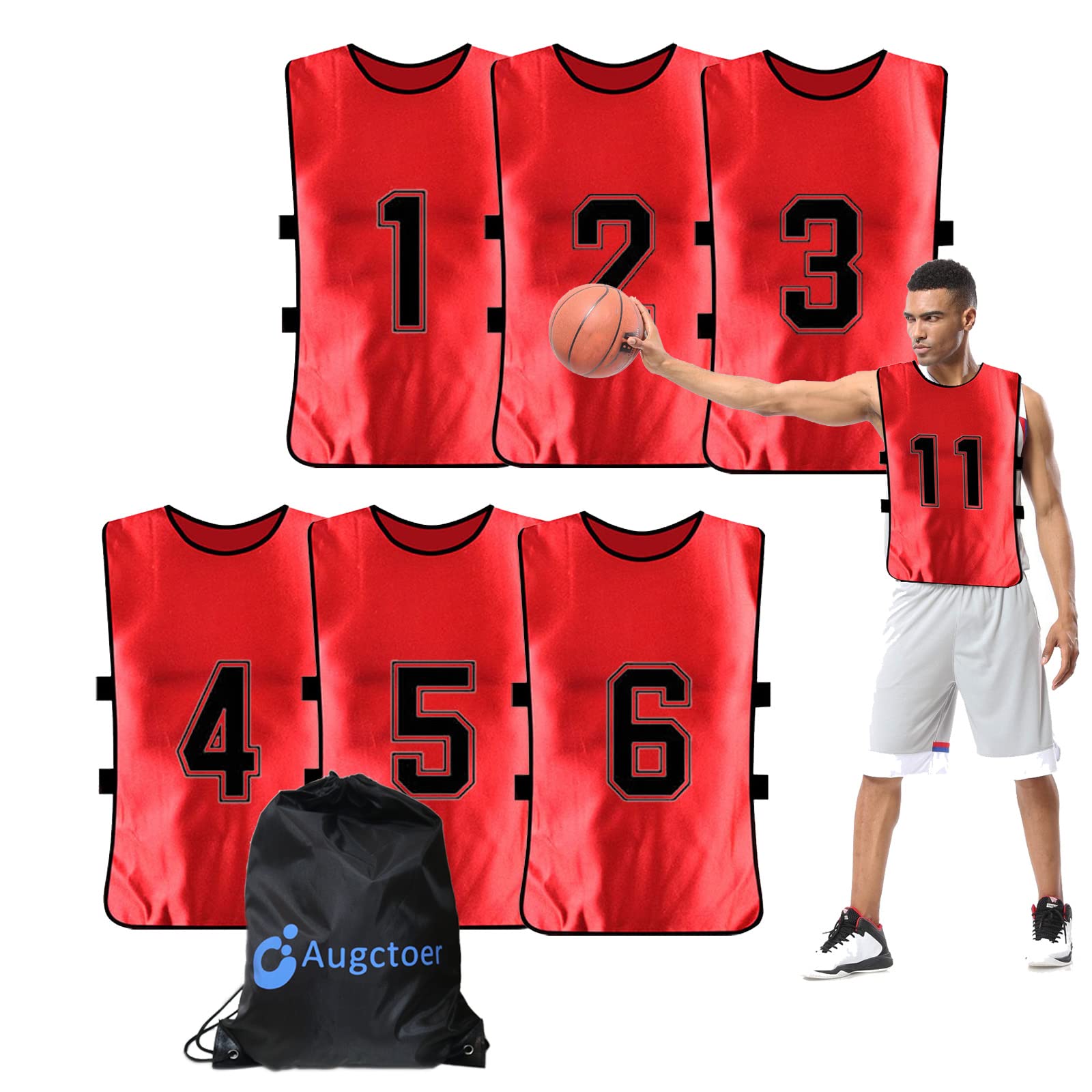 Numbered Soccer Pennies, Scrimmage Vest Sports Pinnies, Team Practice Pinnies, Soccer Bibs Training Vest for Adult Youth 6pcs, Red, Medium-picture-10