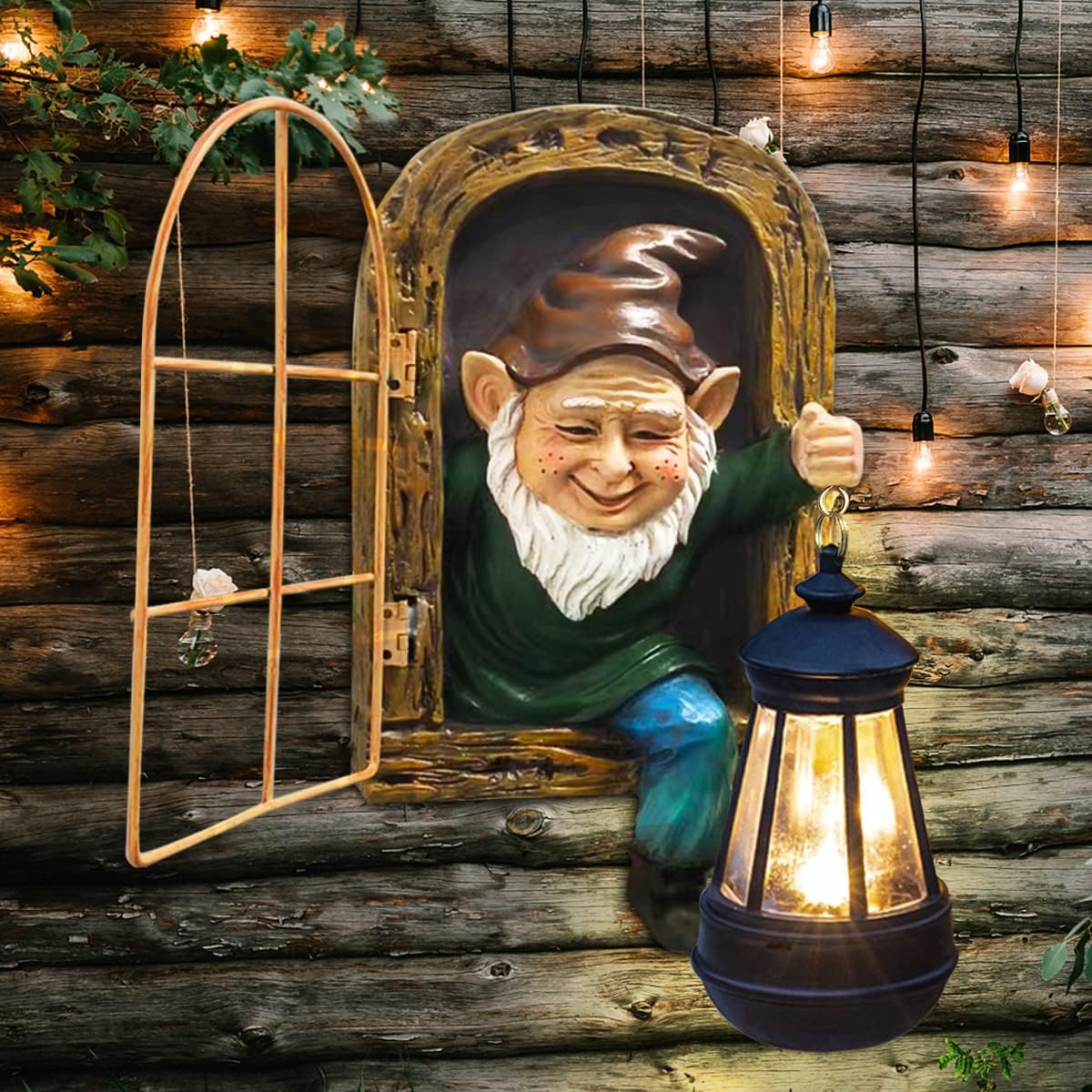 Gnomes Statue with Solar Lights Spring Decorations Whimsical Fairy Garden-10 Inch Elf Outdoor Tree Hugger Garden Statues- Tree Face Sculpture, Yard Art for Patio,Fence,Lawn,Wall Gnomes Ornament