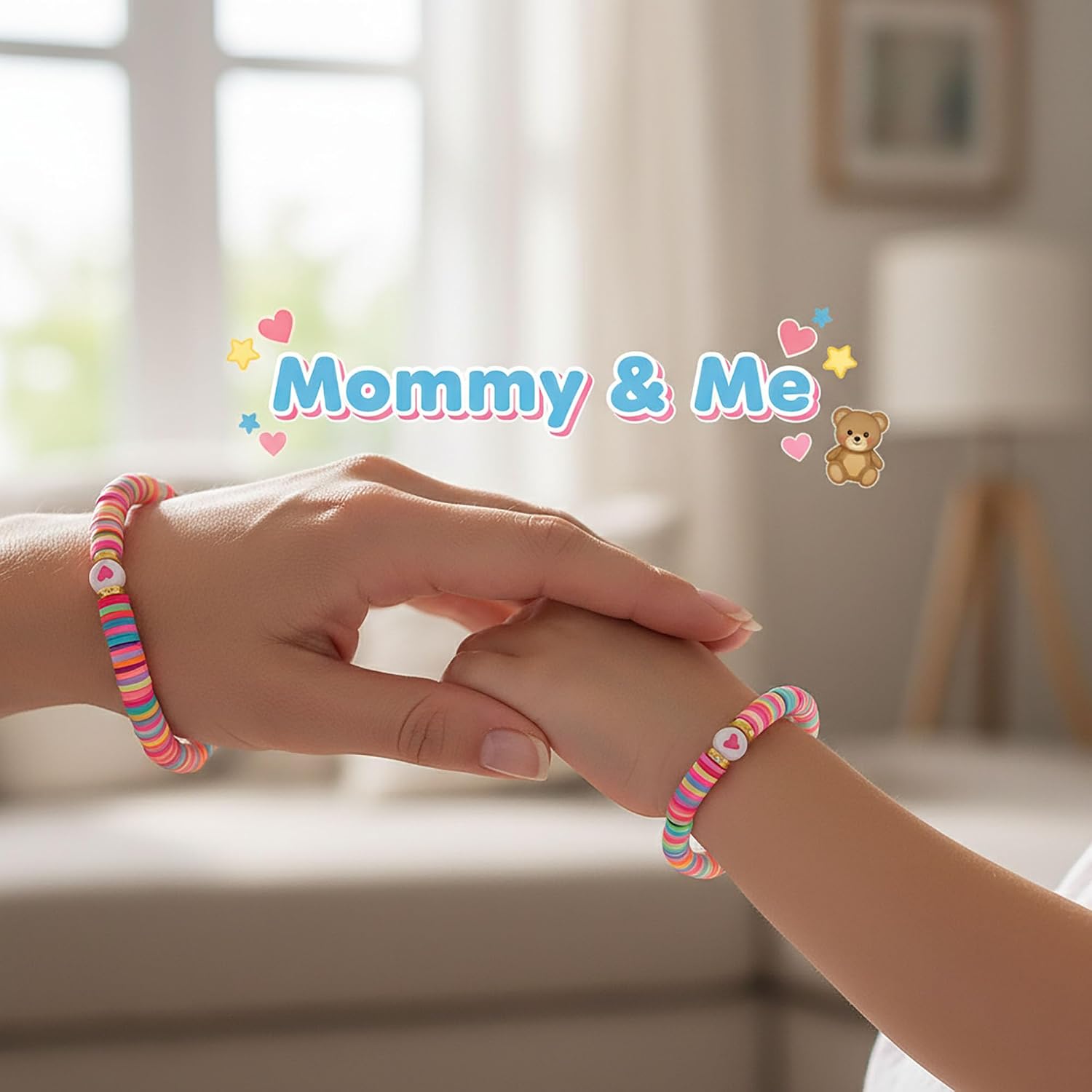Mommy & Me Matching Heart Bracelets, Adjustable Stretchable Kids Jewelry, First Day of Kindergarten Back to School Present for Mom Daughter Girl Child, 2 Piece Set