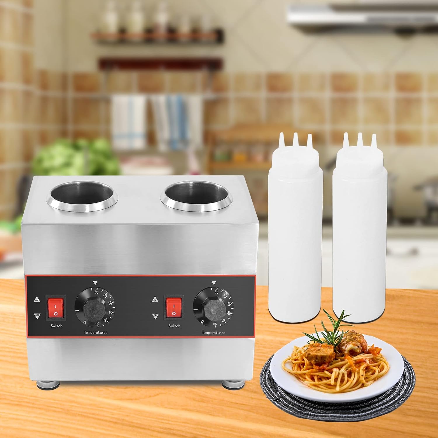 Electric Nacho Cheese Warmer Machine 2 Pot Commercial Hot Fudge Dispenser Stainless Steel Hot Chocolate Dispenser with 2 Sauce Squeeze Bottles for Cheese Caramel Jam Ketchup 320W (2 Pot)