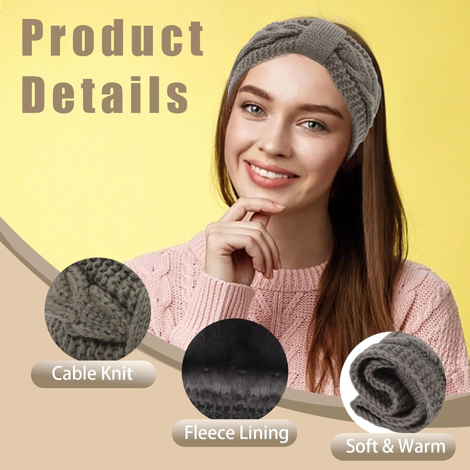 AMCAMI Winter Headbands for Women 3 Pack, Fuzzy Ear Warmer Headbands for Women,Fleece Lined Knitted Headband, Warm Winter Accessories Gifts - Image 3