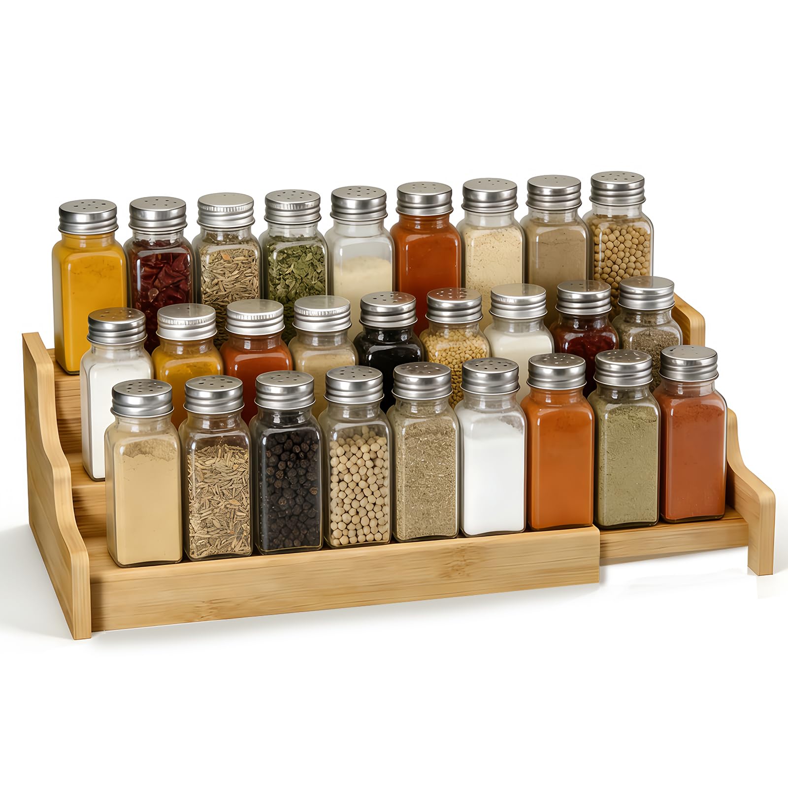 MEETOZ Spice Rack, 3 Tier Bamboo Expandable Display Shelf, Kitchen Cabinet Organizer, for Kitchen, Cupboard, Pantry, Free Standing Spice Jar Storage Shelf