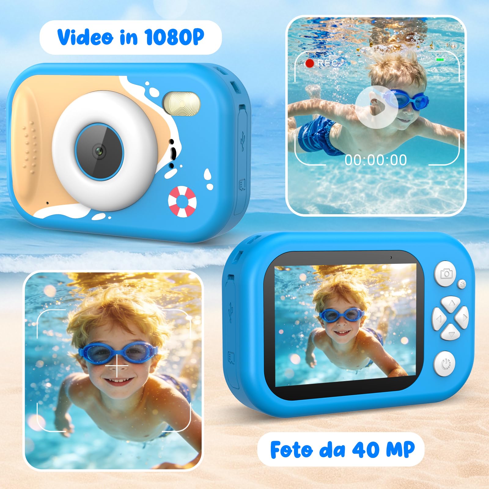 Macchina Fotografica Bambini, 1080P Macchina Fotografica Subacquea Professionale Bambini con 2,4" Schermo, 32GB Scheda, 10M Fotocamera Impermeabile Digitale Regalo per Bambini da 3-12 Anni - 4
