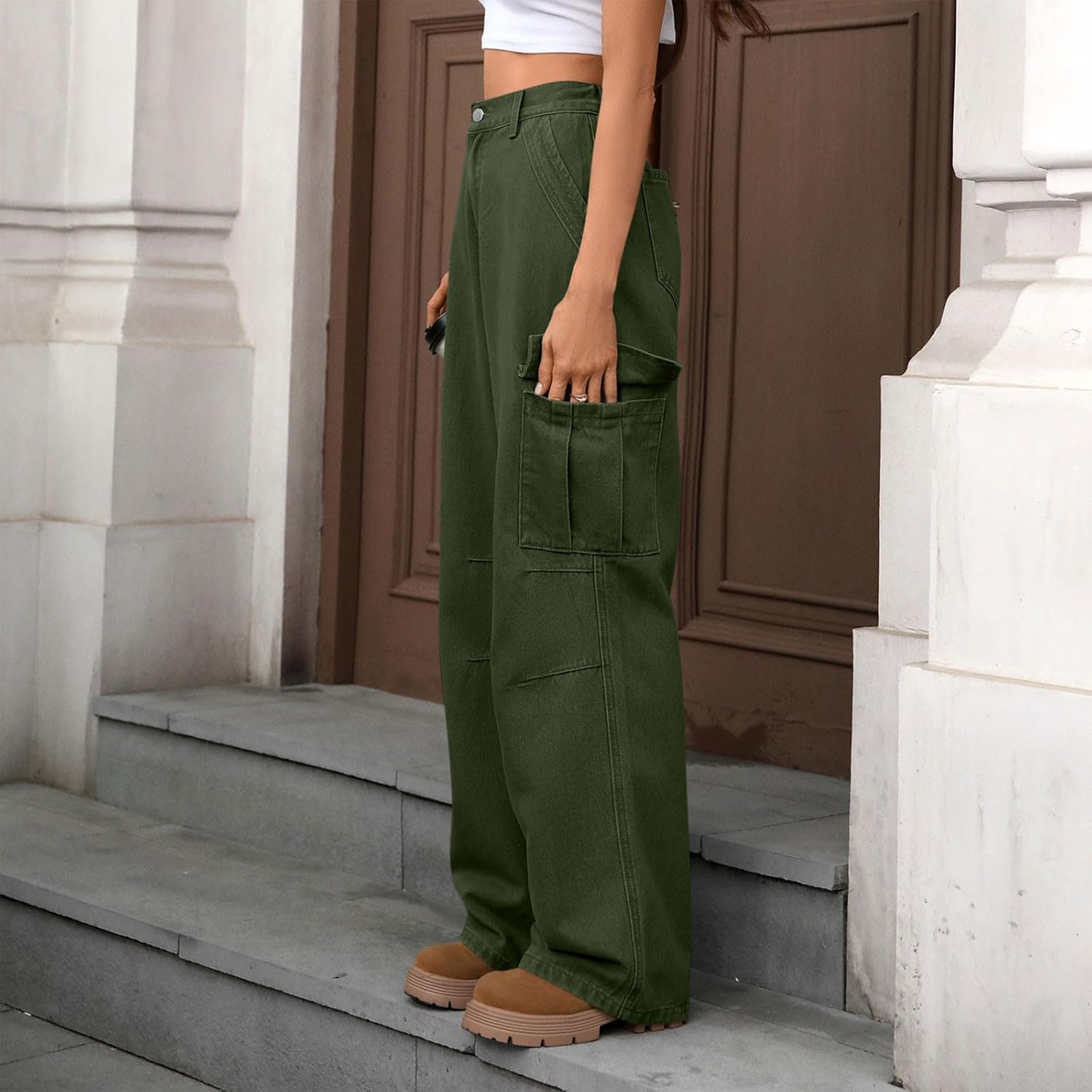 Cargo Pants for Women Stretch High Waisted Ankle Cuffs Trousers Straight Wide Leg Jean Casual Baggy Pants with Pockets