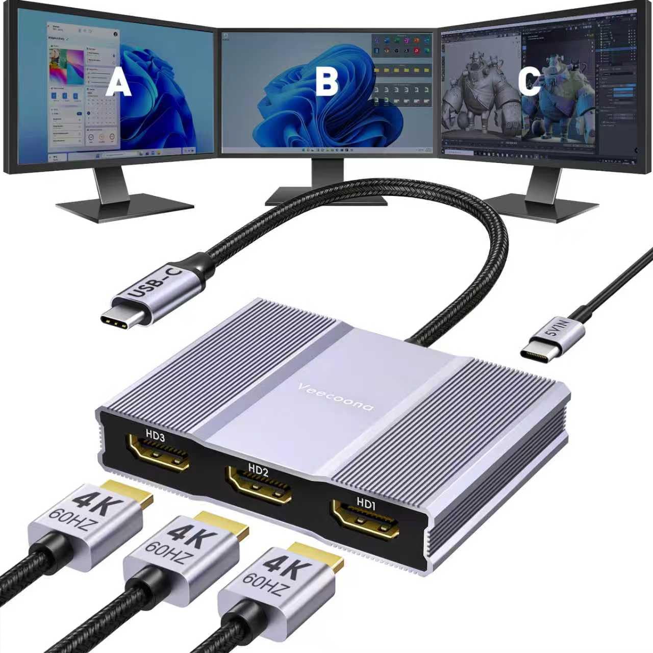 Adattatore da USB C a 3 HDMI con PD 100W, 4K a 60Hz HDMI Splitter Display esteso 1 in 3 Out per multi-monitor, compatibile con laptop, PC, scheda grafica USB-C - MACOS non supporta MST