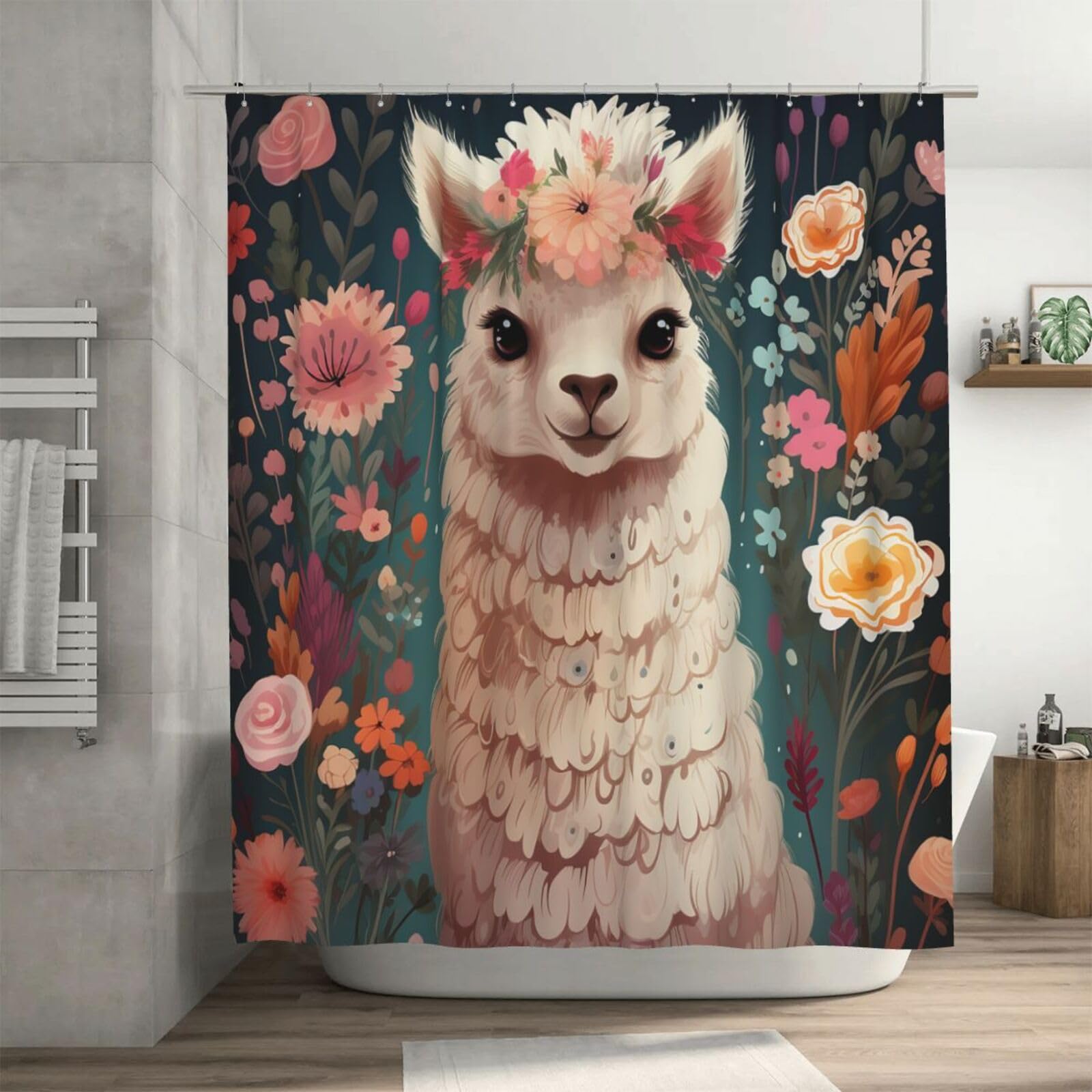 Rideau de douche épais anti-adhérence empêche l'eau de couler motif alpaga floral