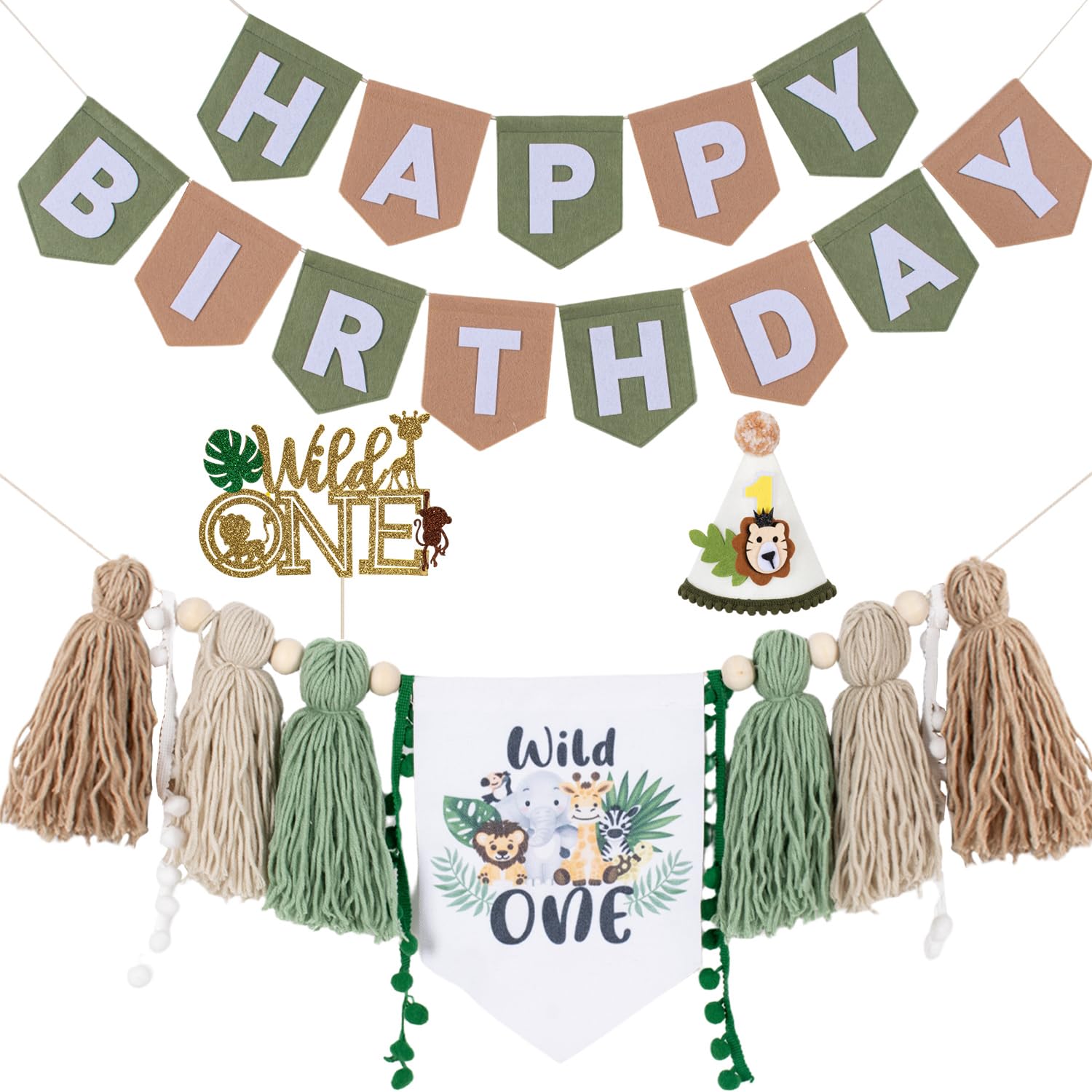 Wild One 1st Birthday Decorations For Boys-Wild One High Chair Banner For First Birthday Jungle Party Decorations With Wild Ones Banner Safari Cake Topper & Birthday Hat,Safari Birthday Decorations — image 1