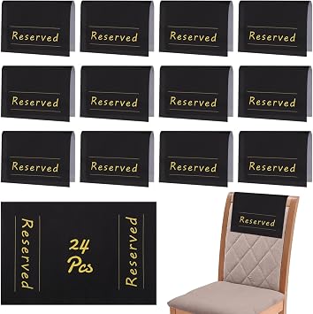 24 Pcs Reserved Chair Signs, Church Pew Reserved Seating Placeholders, Reserved Cloths with Golden Printed Words & Adhesive Strips for Wedding, Party, Celebration
