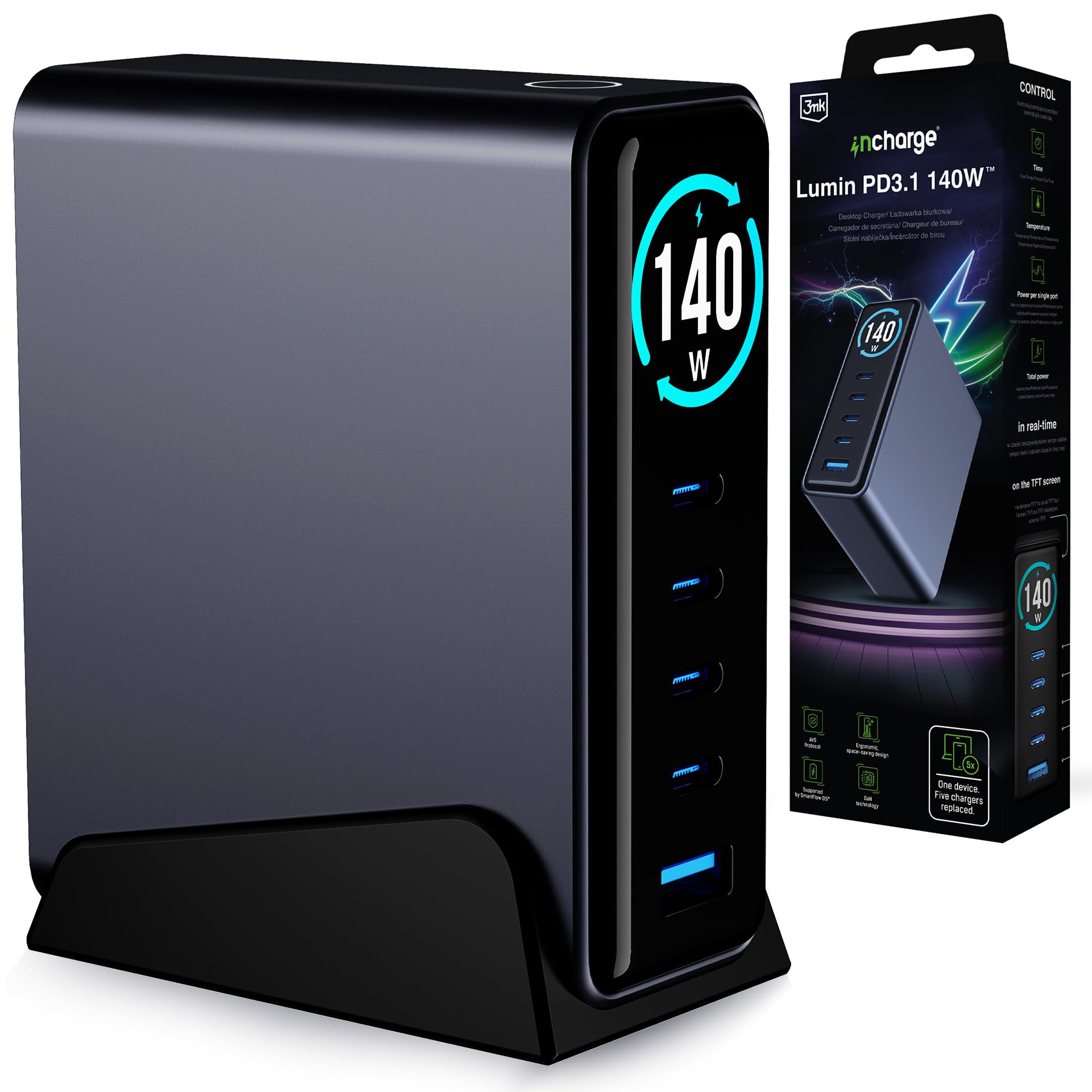 3mk InCharge Desktop Charger Lumin Estación de carga 140W Negro
