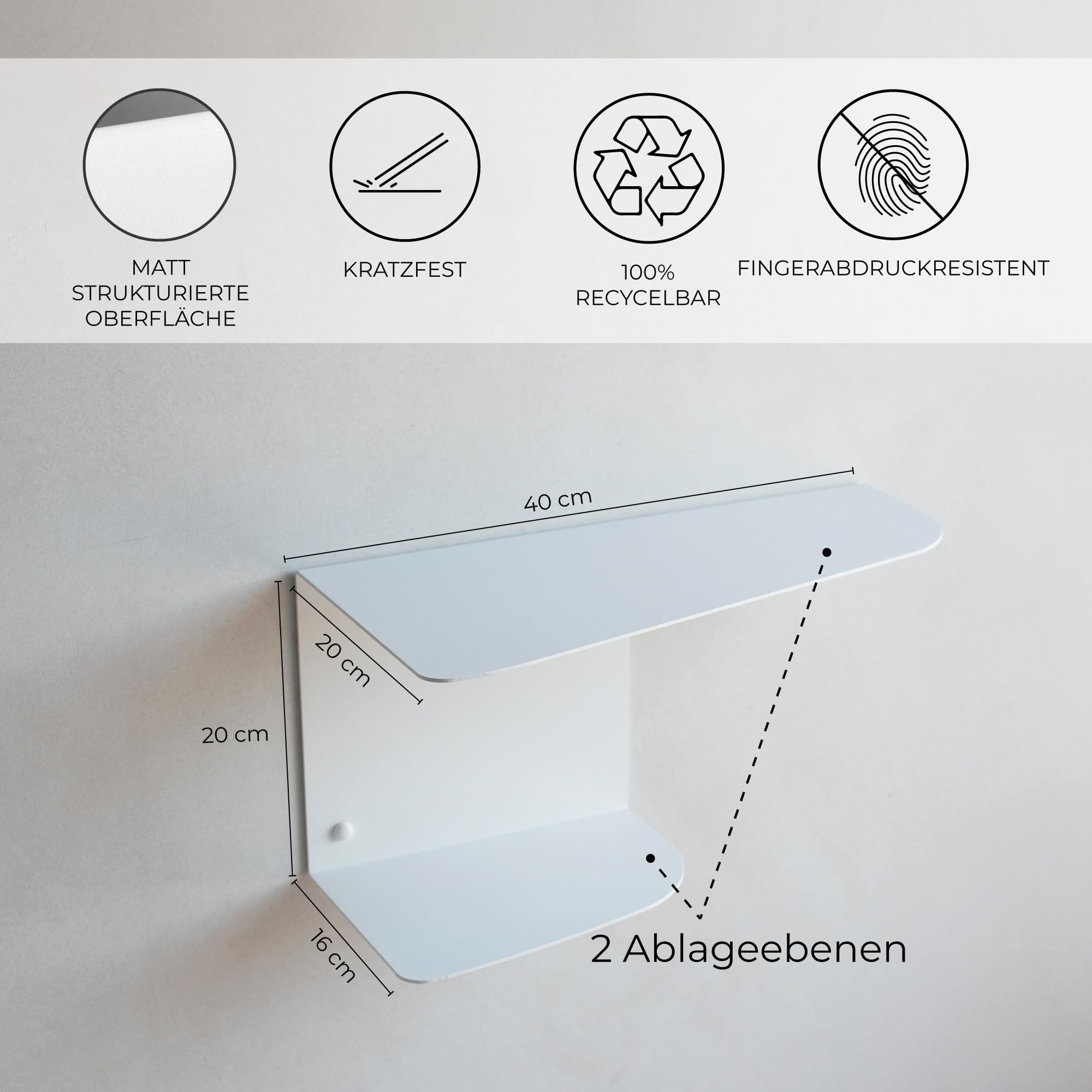 MILUKA Schwebender Nachttisch Weiß Metall 2er Set, 40 x 20 cm, mit 2 Ebenen | Nachttisch Hängend für Schlafzimmer & Kinderzimmer, Ideal als Nachtkommode, Sideboard, Kleines Wandregal oder Eckregal