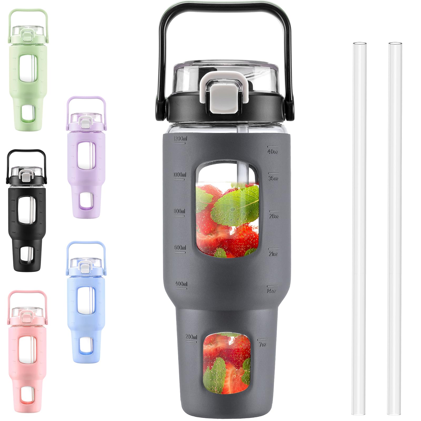 BLUEGO 40 oz Glass Water Bottles with Straw Time Marker, Glass Tumbler with Handle Top Lids, Easy to Clean, Fits in Car Cup Holder, Leakproof Jug for Gym, Sports, Workout & Daily, Dark Grey