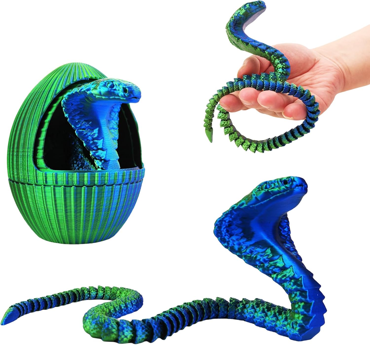 3D Printed Snake Eggs with 3D Printed Snake Inside, Cute Rotary Gear Eggs with 3D Printed Crystal Fidget Snake Animals Inside, Home Office Decor Executive Desk Crystal Cobra Toys（Blue Green