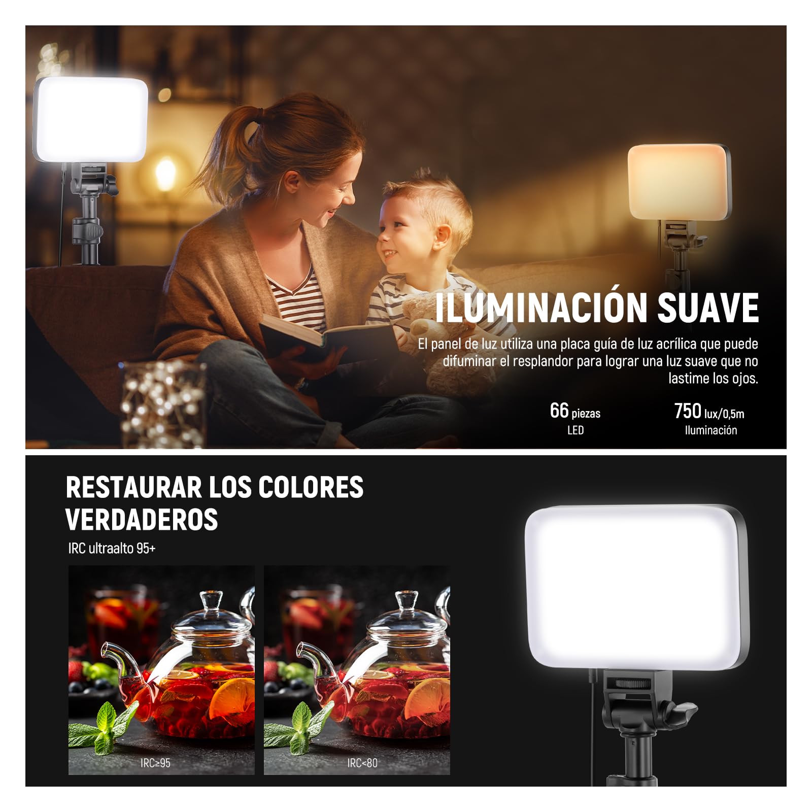 NEEWER Básico Panel Luz Vídeo LED Kit, 2 Pack Bicolor Estudio Foco Portátil con Soporte para Trípode y Filtros, 3200K~5600K CRI 95 750lux para Fotografía, Grabación, Transmisión en Vivo, BP66