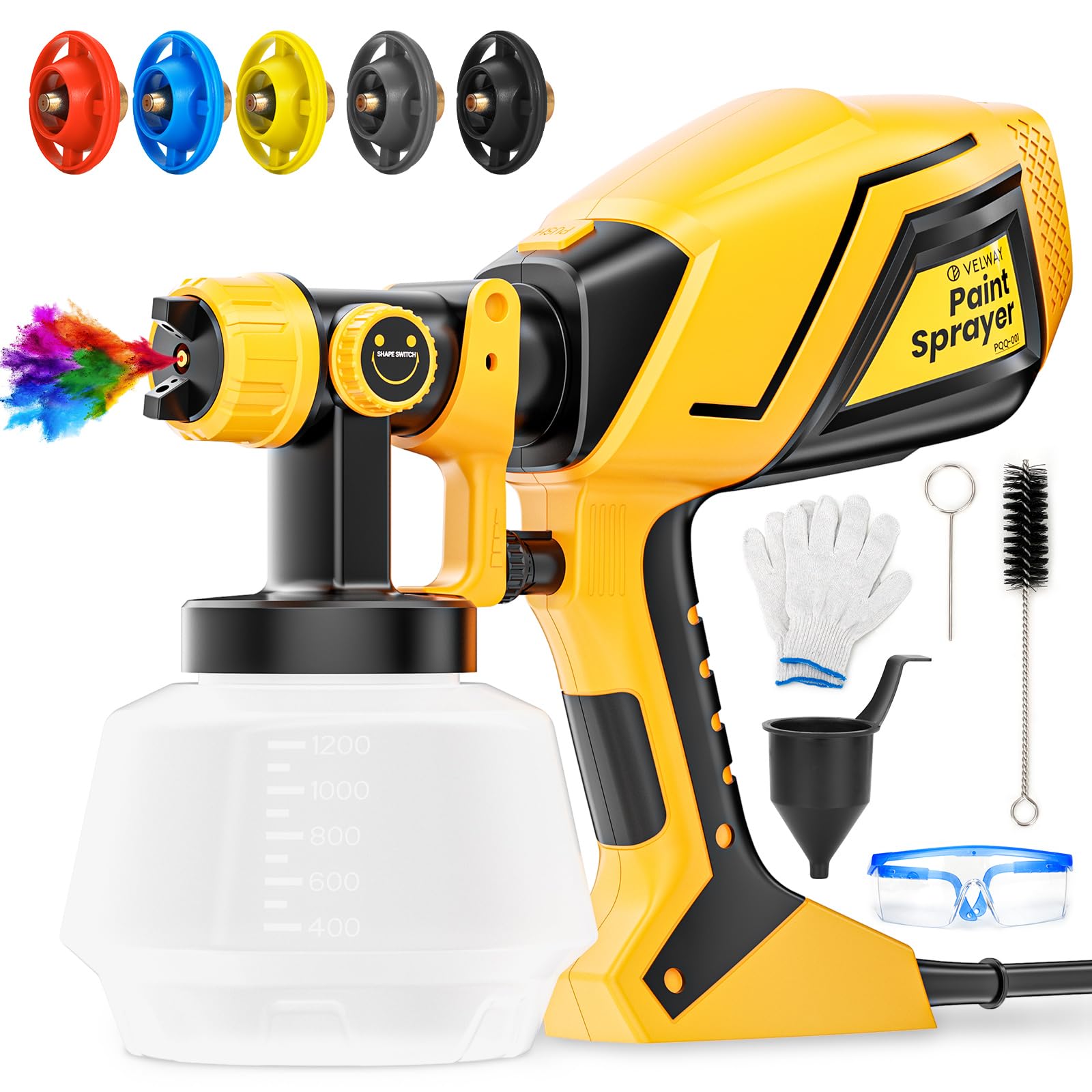 Vothen Verfspuit, 800W verfspuitpistool met 5 spuitmonden en 3 patronen, 1400ml elektrische verfspuit, max. 1100ml/min, 100 DIN-s, HVLP-spuitpistool voor hek, kast, muren, plafonds, knutselwerk