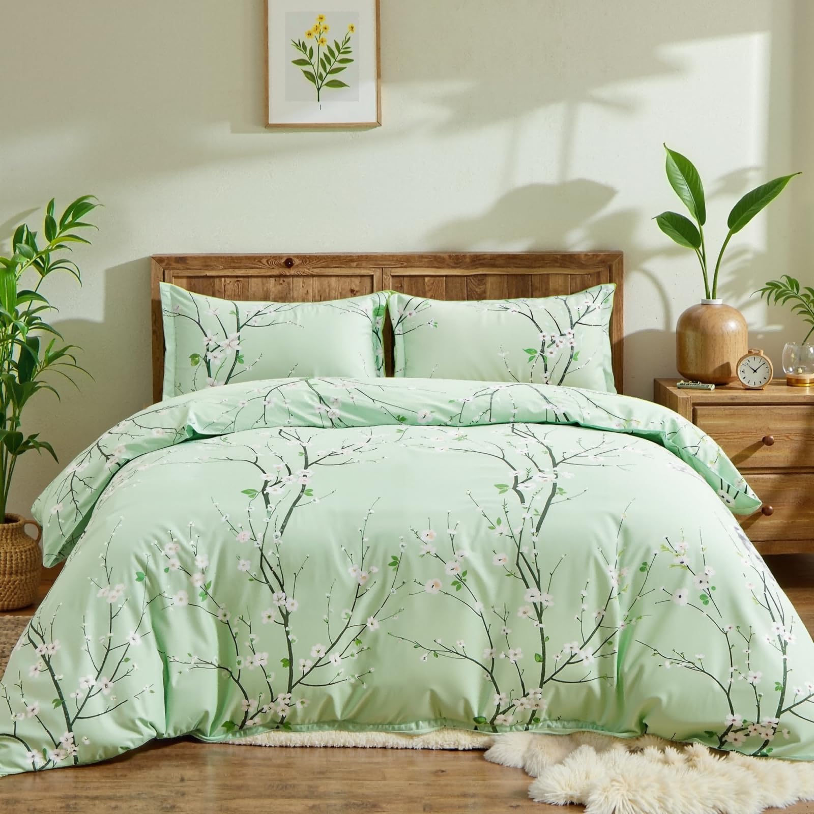 Freyamy Blumenmuster Bettwäsche Set Beige Bunt Blumen Blumen Wendebettwäsche Gebürstet Microfaser Weiche Bettwäsche Blätter Pflanzen Mädchen Bettbezug mit Reißverschluss und Kissenbezug 80x80cm