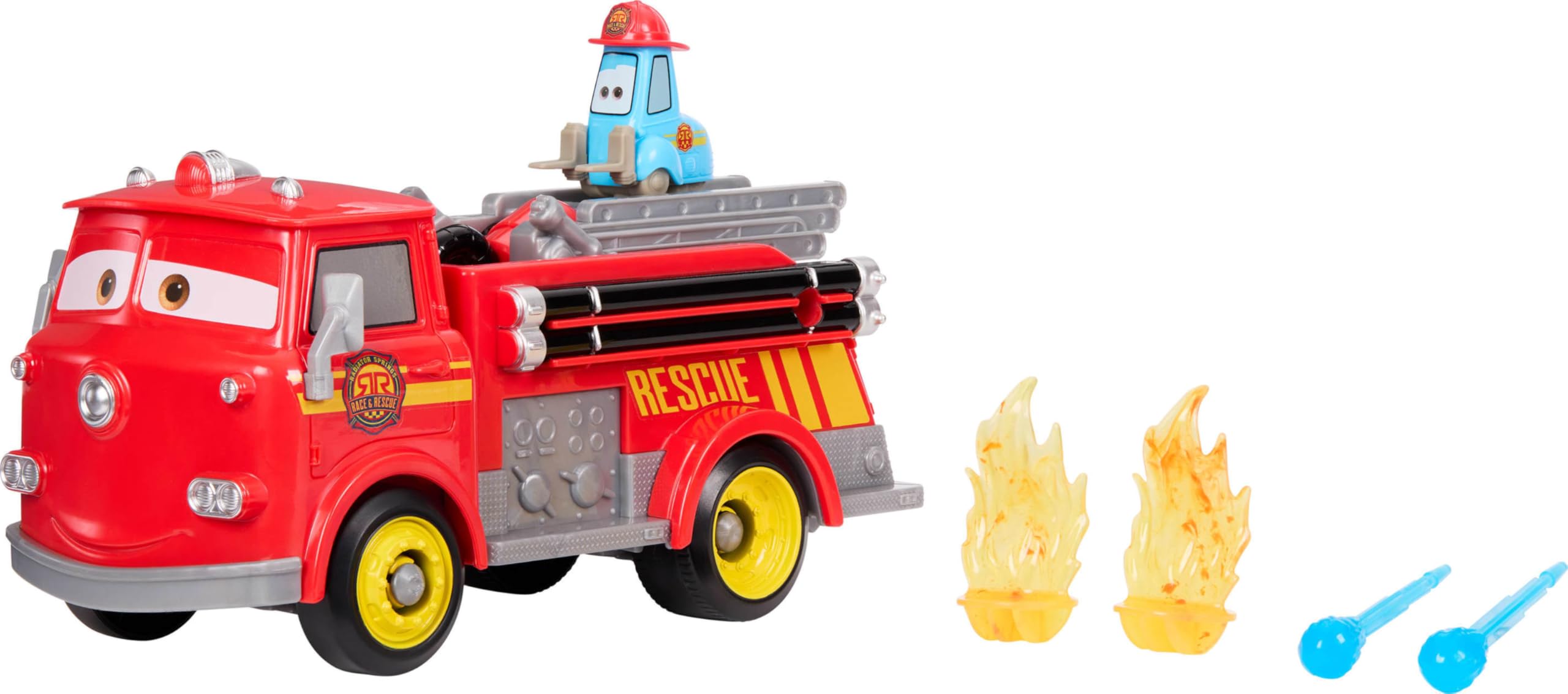 Mattel Disney Pixar Cars Rescate a toda máquina en Radiador Springs Camión de bomberos de juguete Rojo y Guido, 2 dianas de plástico en forma de fuego y 2 proyectiles de agua, JFL54