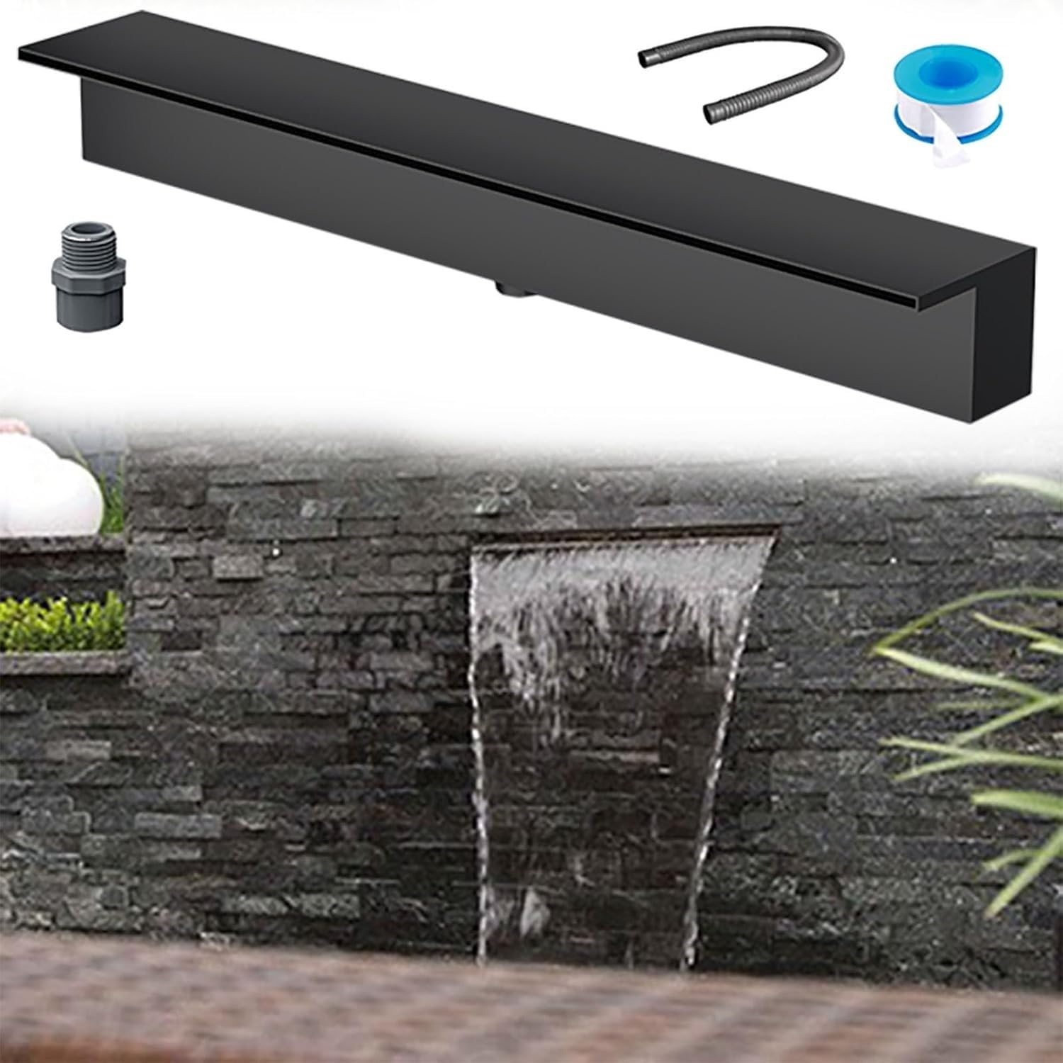 Kit Cascata a sfioro da 180 cm di Lunghezza, Non necessita di Pompa, Ideale per Giardino, Patio, Cortile roccioso. Lama della Cascata Nera per splendide fontane da Esterno.