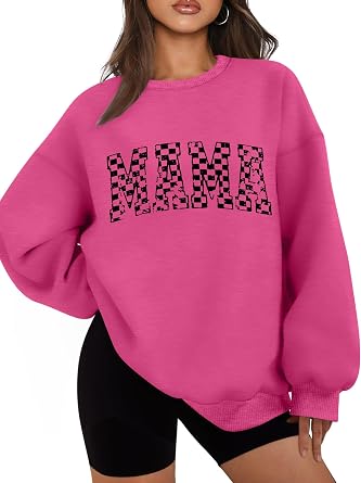 Oversized Mama Sweatshirt for Women Mama Letters Print Shirts Mothers Day Long Sleeve Fleece Pullover Tops