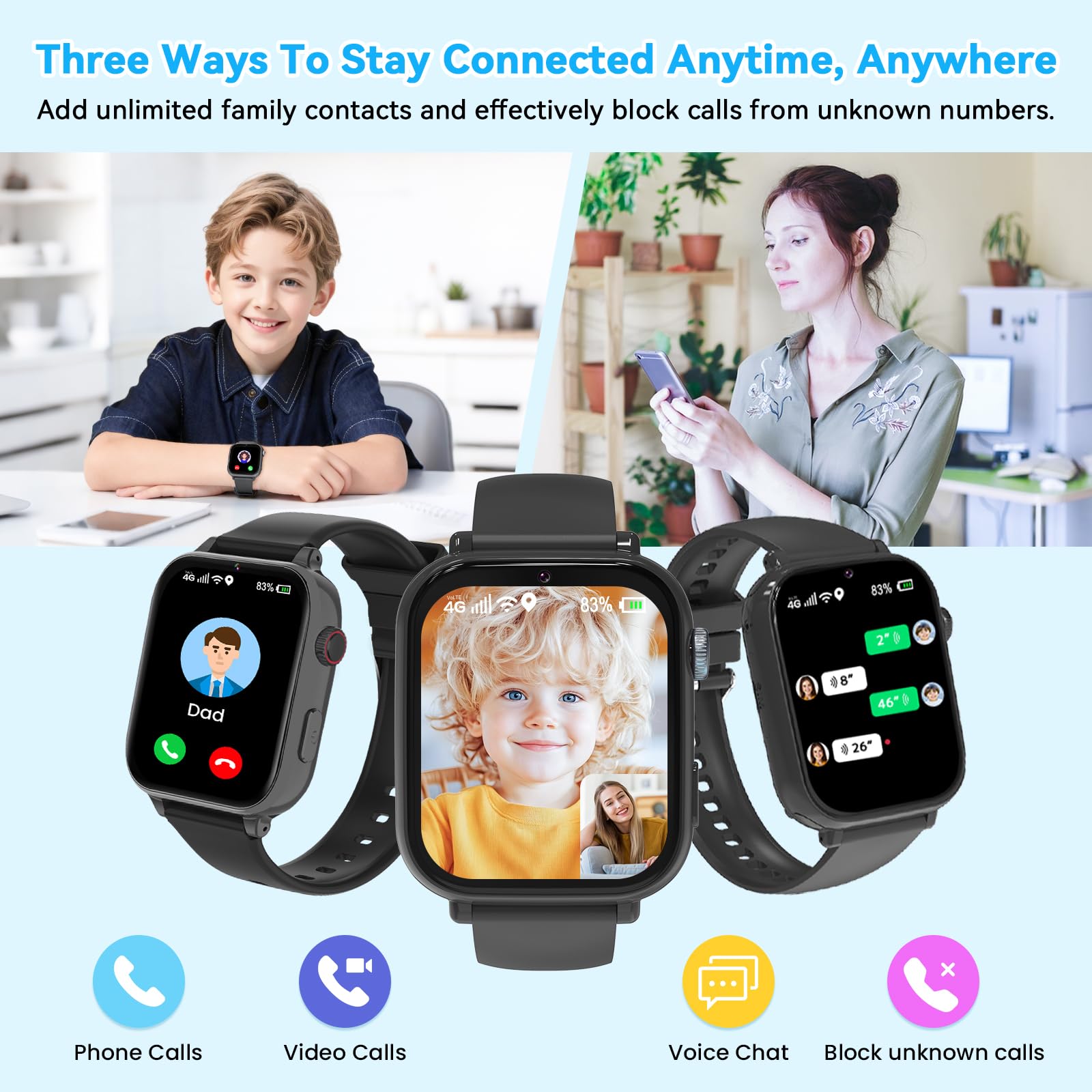 4G Smartwatch Bambini, Orologio Smartwatch Bambini con GPS SOS Videochiamata Chat Vocale Modalità Classe Fotocamera Calcolatrice Contapassi, Smart Watch Bambino Bambina 4-12 Anni Regalo, Nero