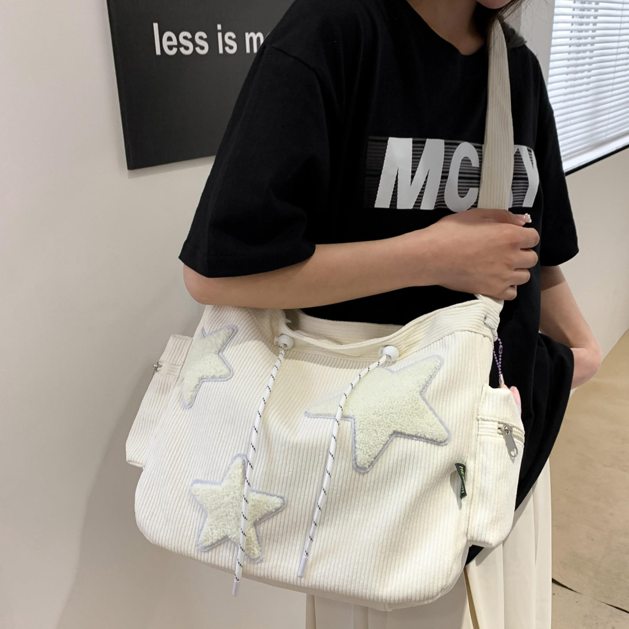 Makukke Y2K Corduroy Shoulder Bag Women, Cute Tote Bag Large Crossbody Bag for Work Travel Shopping,Beige Tote Bag