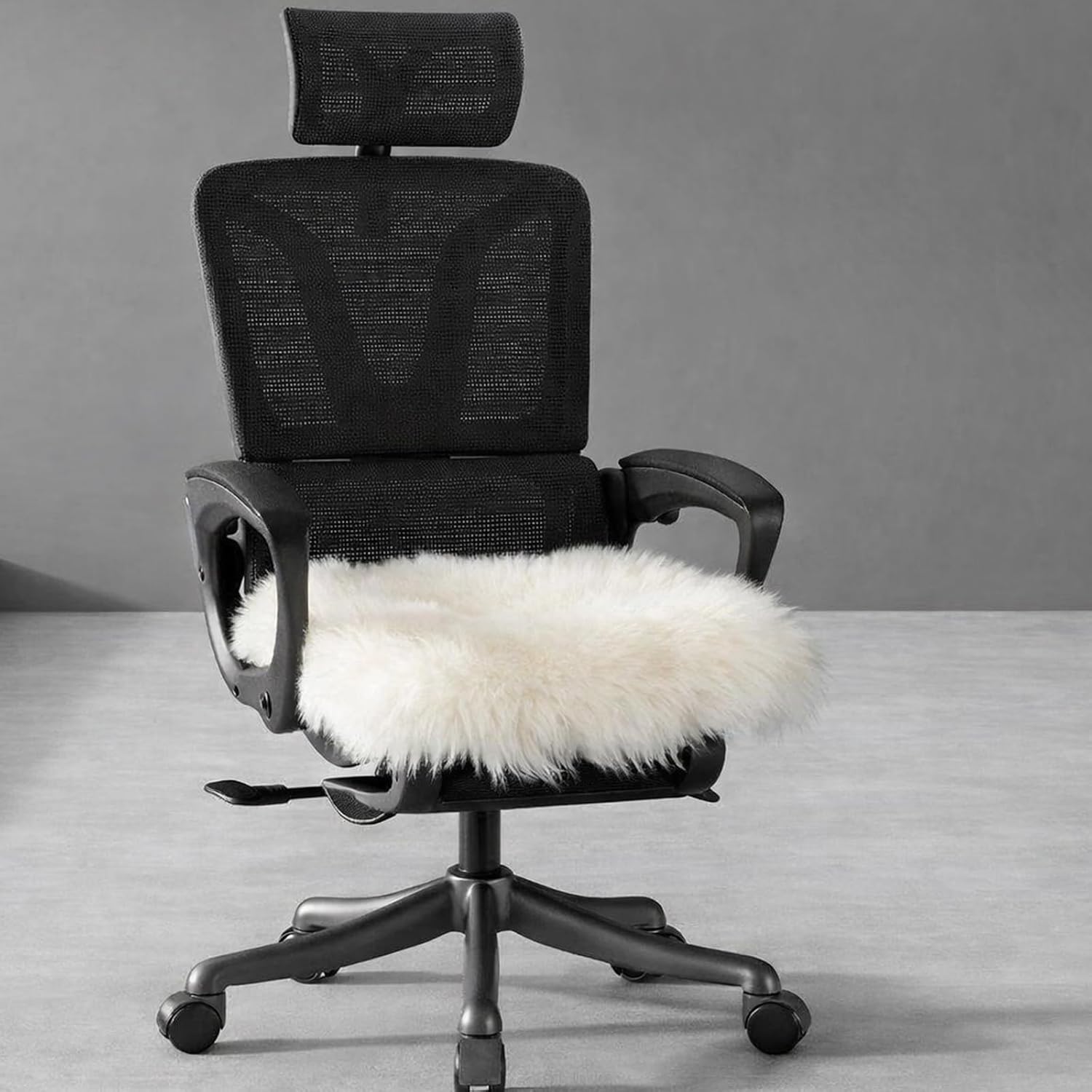 OKAYDA 18" x 18" Square Genuine Australian Sheepskin Seat Cushion for Vanity, Kitchen, Dining Chairs - Thick, Plush, and Non-Slip Fluffy Fur Chair Pad for Home Office (White)