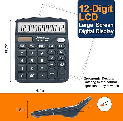 Miniatura 2 de Calculadora, Calculadoras de escritorio de 12 dígitos con pantalla grande LCD y botones grandes sensibles Dual Power Solar con batería Funciones