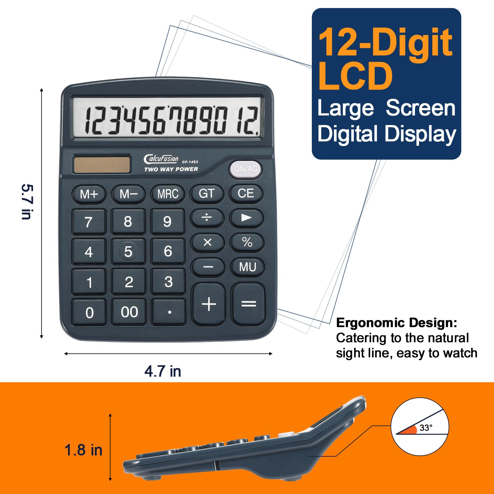 Calculadora de escritorio de 12 dígitos con pantalla grande y botones sensibles, doble potencia, solar y batería, funciones estándar para oficinas, hogar, escuelas, CF-1453
