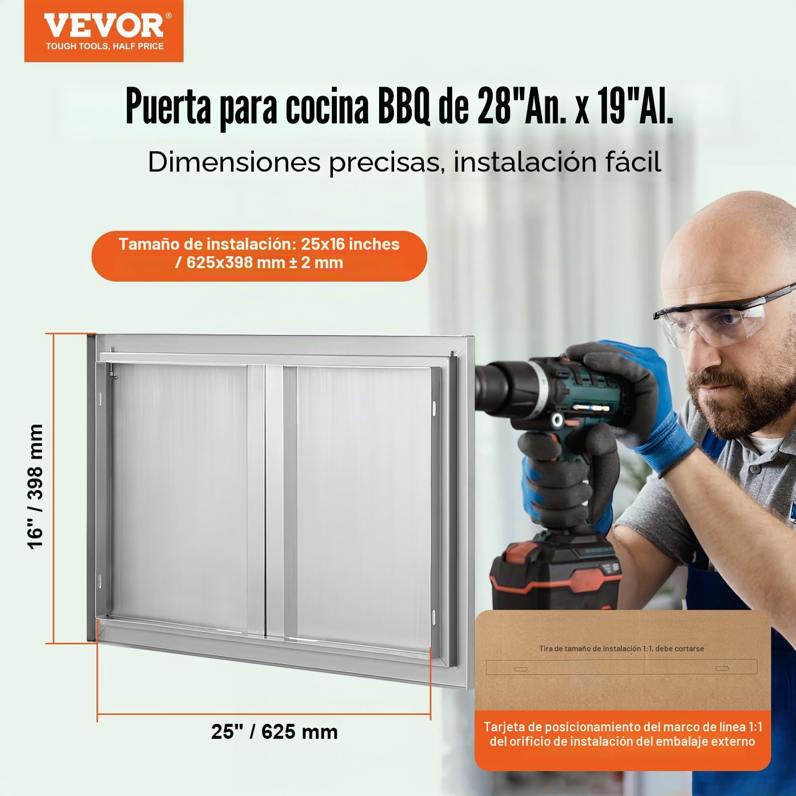 VEVOR Puerta doble de cocina para barbacoa al aire libre, 28x19 pulgadas, puerta vertical acero inoxidable con asas empotradas