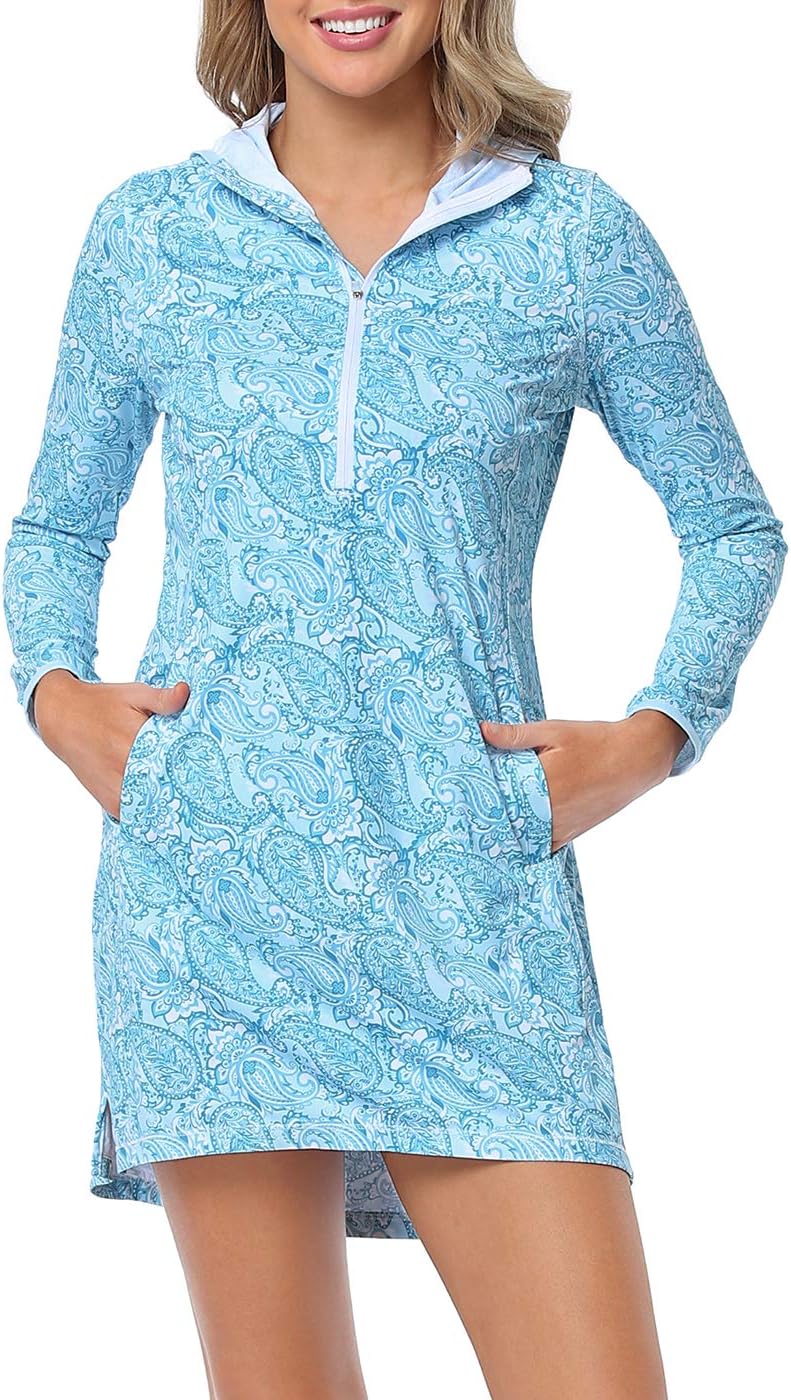 Beach Coverups for Women UPF 50 Long Sleeve Swim Cover Up Dress with Hood Quick Dry Sun Protection Tunic with Pockets