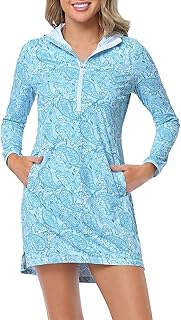 Beach Coverups for Women UPF 50 Long Sleeve Swim Cover Up Dress with Hoo...