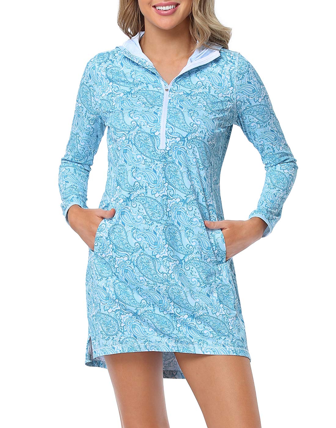 Beach Coverups for Women UPF 50 Long Sleeve Swim Cover Up Dress with Hood Quick Dry Sun Protection Tunic with Pockets