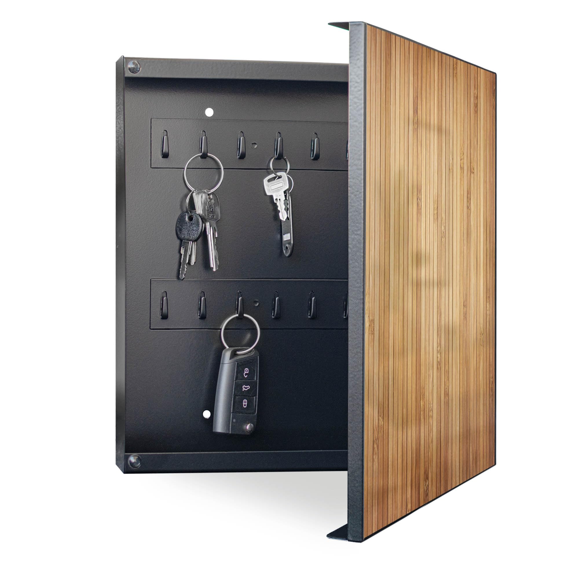 banjado Großer Schlüsselkasten Metall - Schlüsselbox 30x30cm beschreibbarer mit 32 Haken - Schlüsselkasten modern für Schlüsselaufbewahrung - Korpus Schwarz Scharnier Rechts - Motiv Bambusholz